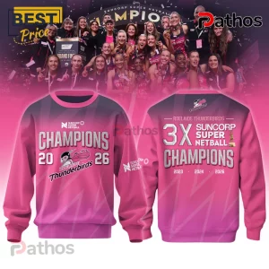 Adelaide Thunderbirds Suncorp Super Netball Pink T-Shirt 3 Adelaide Thunderbirds 3X Suncorp Super Netball champions commemorative pink sweatshirt showing front and back designs.!