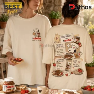 Nutella Snoopy Recipe Illustrated Cream T-Shirt 4 Cream-colored cotton t-shirt featuring Snoopy graphic, Nutella branding, and breakfast recipe illustrations on back.!