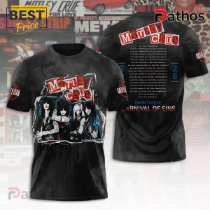 Motley Crue 2026 Tour Carnival of Sins black shirt featuring front band portrait and back tour date list graphic.
