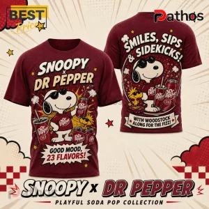 Snoopy x Dr Pepper Limited Edition Maroon T-Shirt featuring Snoopy in sunglasses, Woodstock, and soda cans on front and back.