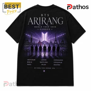 BTS Arirang World Tour 2026 Limited Edition T-Shirt 5 Black cotton t-shirt featuring a BTS Arirang 2026 Europe tour graphic with silhouettes against a purple cityscape backdrop.!