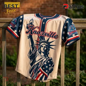 Knoxville Smokies 2026 USA Independence Day Baseball Jersey 2 Knoxville Smokies baseball jersey with Statue of Liberty graphic, navy blue sleeves, and white stars on cream fabric.!