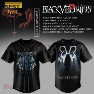 Black Veil Brides baseball jersey featuring a coffin graphic on front and hooded figure in forest on back, black fabric.!