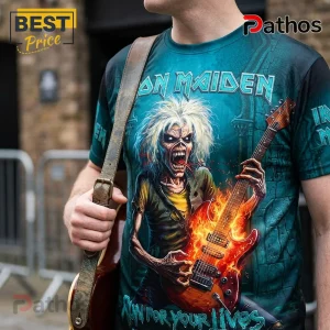 Iron Maiden Run For Your Lives 2026 Tour Apparel Hoodie 2 Iron Maiden graphic t-shirt featuring Eddie character playing a flaming guitar with Run For Your Lives text.!