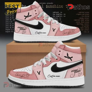 Ariana Grande Eternal Sunshine Tour Pink Air Jordan 1 Sneakers featuring tour dates, black logos, and script signatures.