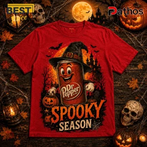 Dr Pepper Spooky Season Witch Hat Red T-Shirt 1 Dr Pepper Spooky Season Witch Hat Red T-Shirt featuring a smiling soda can in a witch hat against a Halloween background.