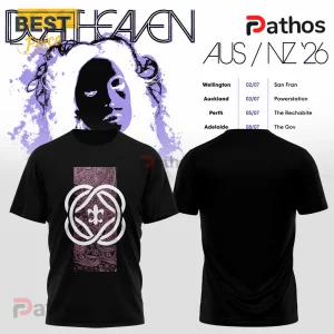 Black cotton t-shirt featuring a stylized purple portrait and a white fleur-de-lis emblem over a paisley print square.!