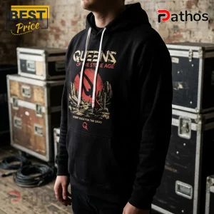Queens of the Stone Age Desert Rock Australia Tour 2026 Hoodie 5 Black cotton hoodie featuring Queens of the Stone Age logo, red sun, desert landscape, and white drawstring cords.!