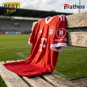 BTS x Bayern Munich V Signature Red Football Jersey 3 Bayern Munich red soccer jersey with white trim, Adidas logo, and BTS patch resting on a wooden bench at a stadium.!