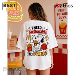 Snoopy McDonald's Fries and Burger T-Shirt worn by a woman, featuring Snoopy eating a burger with fries and a meal box.