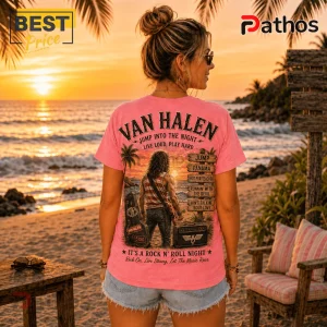 Van Halen Vintage Retro Sunset Pink T-Shirt 4 Pink Van Halen graphic t-shirt featuring a sunset beach scene with a guitarist, concert setlist sign, and logo branding.!