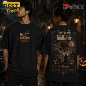 The Godfather Halloween An Offer You Can Not Out-Scream T-Shirt 1 Black t-shirt featuring The Godfather movie logo with a Halloween theme, rose graphic, haunted mansion, and pumpkins.!