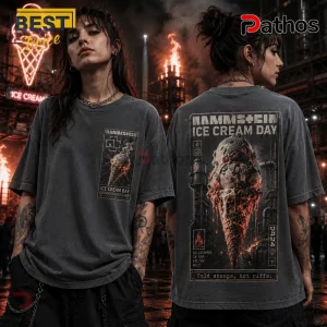 Rammstein Ice Cream Day Vintage Charcoal T-Shirt 4 Charcoal gray heavy cotton t-shirt with Rammstein Ice Cream Day graphic showing a melting sundae in an industrial setting.!