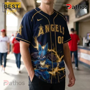 Lucario x Los Angeles Angels Custom Name Baseball Jersey 2 Navy Los Angeles Angels baseball jersey featuring a Lucario Pokémon graphic with yellow lightning bolts and gold lettering.!