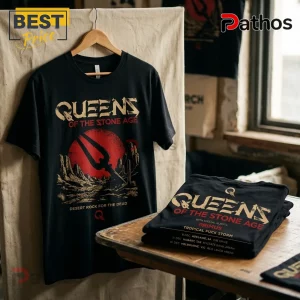 Black cotton t-shirt with Queens of the Stone Age desert landscape graphic and tour dates for Primus and Tropical Fuck Storm.!