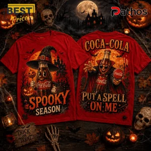 Coca-Cola Witch Bottle Halloween Red T-Shirt featuring a cartoon soda bottle character wearing a witch hat and cape.