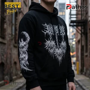 Lorna Shore Australia 2026 Limited Edition Black Hoodie 2 Black cotton hoodie featuring white screen-printed death metal typography and spiked flail graphics on chest and sleeves.!