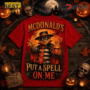 McDonalds Halloween Witch Burger Spooky Season Red T-Shirt 2 McDonalds Halloween Witch Burger Spooky Season Red T-Shirt featuring a Hamburglar-style character holding a glowing mug.