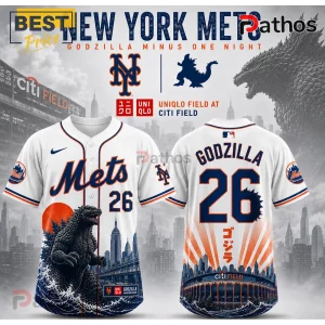 New York Mets x Godzilla Minus One baseball jersey featuring front and back views with team logos and kaiju graphics.