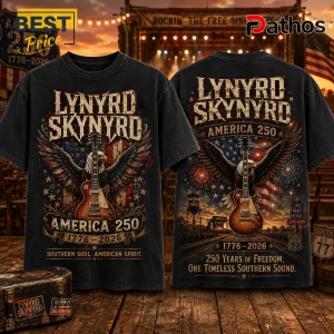 Lynyrd Skynyrd America 250 Eagle Flag T-Shirt featuring a graphic of an electric guitar, bald eagle, and US flag design.