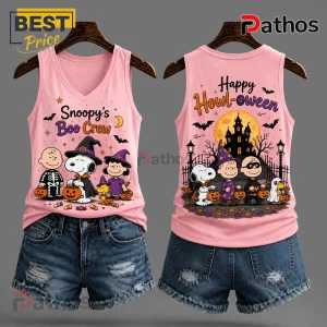Snoopy Boo Crew Halloween Black V-Neck Tank Top 2 Snoopy Boo Crew Halloween pink v-neck tank tops featuring Peanuts characters in costumes with pumpkins and haunted house.