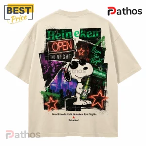 Heineken Snoopy Open The Night Beige T-Shirt 6 Beige oversized cotton t-shirt featuring Snoopy wearing sunglasses holding a Heineken bottle with neon nightlife graphics.!