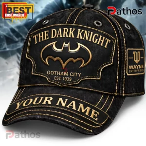 Batman The Dark Knight Gotham City personalized black cap with embroidered gold logo, Wayne Enterprises patch, and name tag.