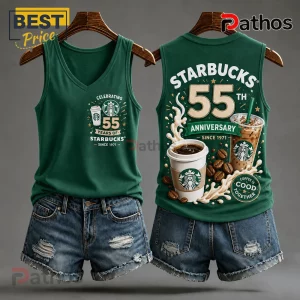 Starbucks 55th Anniversary Green V-Neck Tank Top featuring front and back graphic prints of coffee cups and milk splashes.