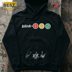Blink-182 Take Off Your Pants and Jacket Black Hoodie 1 Black cotton hoodie featuring the white Blink-182 logo with red, yellow, and green circular numbers and band signatures.!