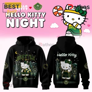 Seattle Storm x Hello Kitty black pullover hoodie featuring Seattle skyline graphics and character prints on front and back.