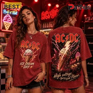 Faded red AC/DC band t-shirt featuring an ice cream cone graphic, lightning bolts, and text reading High voltage cool flavor.!