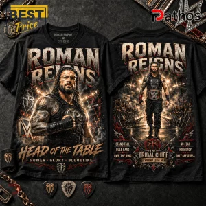 Black cotton t-shirt featuring Roman Reigns graphics, Head of the Table text, Tribal Chief branding, and WWE imagery.!