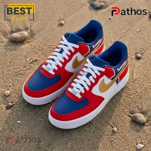 Norway National Team 2026 Gold Swoosh AF1 Sneakers 2 Low-top sneakers with blue, red, and white leather panels, gold swoosh, white laces, and thick white rubber soles.!