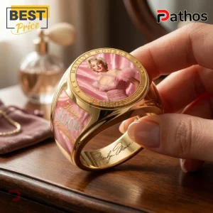 Marilyn Monroe 100th Anniversary Gold Engraved Ring featuring a pink portrait, commemorative text, and elegant gold finish.