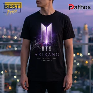 BTS Arirang World Tour 2026 Limited Edition T-Shirt 1 Black cotton t-shirt featuring a glowing purple BTS logo, European map silhouette, and Arirang World Tour 2026 text print.!