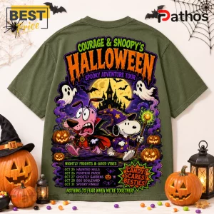 Snoopy x Courage The Cowardly Dog Olive Halloween T-Shirt 3 Snoopy x Courage The Cowardly Dog Olive Halloween T-Shirt featuring graphic art of the characters with a spooky castle.