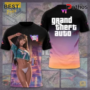 T-shirt featuring anime-style Tifa Lockhart in a turquoise crop top and bikini over a sunset GTA 6 Vice City background.!