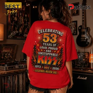 KISS 53rd Anniversary 1973-2026 Red T-Shirt 3 Red graphic t-shirt featuring KISS band commemorative text reading 53 years of loud, proud and unstoppable KISS 1973-2026.!