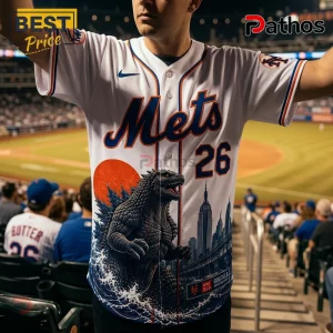 New York Mets x Godzilla Minus One baseball jersey featuring a Godzilla graphic and NYC skyline on a white button-up top.