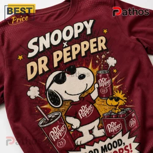 Snoopy x Dr Pepper Limited Edition Maroon T-Shirt featuring Snoopy wearing sunglasses holding a soda can and Woodstock.