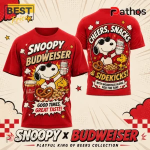 Snoopy x Budweiser Vintage Comic T-Shirt in red featuring Snoopy, Woodstock, beer, and pretzels graphics.