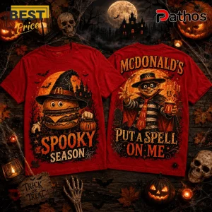 McDonalds Halloween Witch Burger Spooky Season red t-shirt front and back designs featuring Hamburglar and witch burger art.