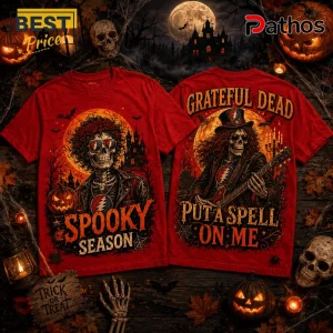 Grateful Dead Halloween Skull Roses Red T-Shirt featuring skeletal figures, guitars, and pumpkins on a festive background.