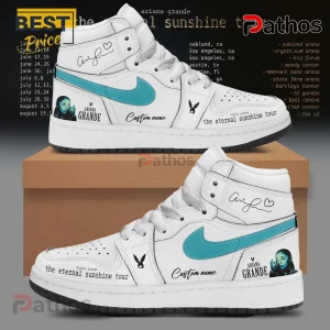 Ariana Grande Eternal Sunshine Tour Custom Air Jordan 1 Sneakers featuring teal swooshes, tour dates, and artist graphics.