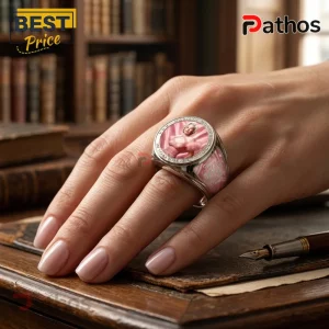 Marilyn Monroe 100th Anniversary Pink Engraved Ring worn on a hand, featuring a central cameo portrait against a library.