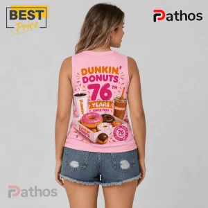 Dunkin Donuts 76th Anniversary Pink V-Neck Tank Top 3 Dunkin Donuts 76th Anniversary Pink V-Neck Tank Top featuring a coffee and donut graphic print on the back.