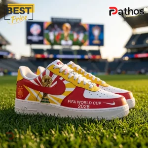 Spain National Team 2026 World Cup AF1 Sneakers 2 Spain National Team 2026 World Cup AF1 Sneakers featuring red, yellow, and white leather with a gold trophy graphic design.