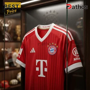 BTS x Bayern Munich Arirang Red Football Jersey 3 FC Bayern Munich red home jersey with white T-Mobile sponsor logo and five gold stars displayed in a glass case.!