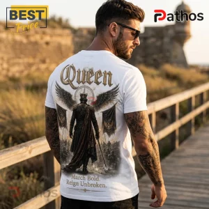 Man wearing white crewneck t-shirt with graphic of a king with wings holding a sword and text reading Queen March Bold.!