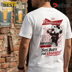 Budweiser x Snoopy 150th Anniversary White T-Shirt 3 Budweiser x Snoopy 150th Anniversary white t-shirt featuring Snoopy holding a beer bottle with red branding on the back.